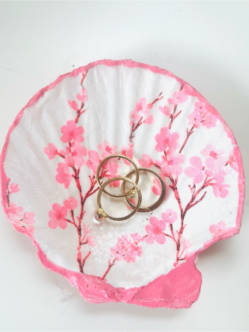 Handmade Scallop Shell Trinket Dish W/ Cherry Blossom Decoupage Design
